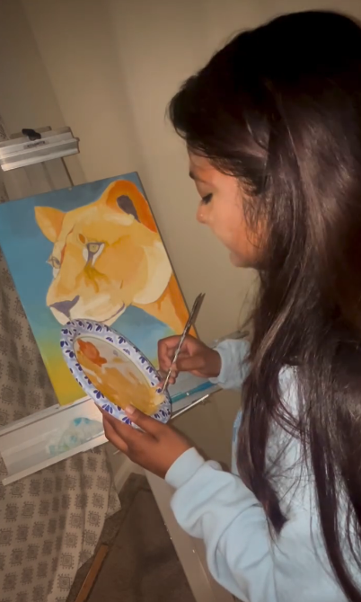 Hand-painted lioness portrait in progress