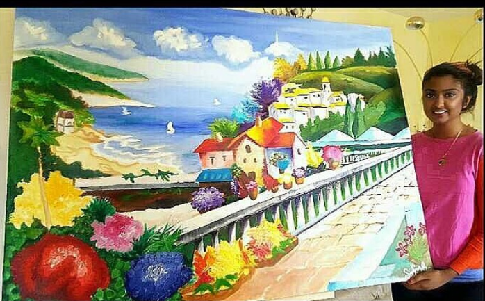 Large hand-painted Mediterranean seaside mural