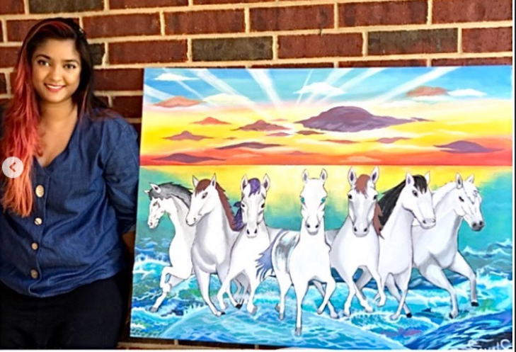 Painting of seven white horses running through water